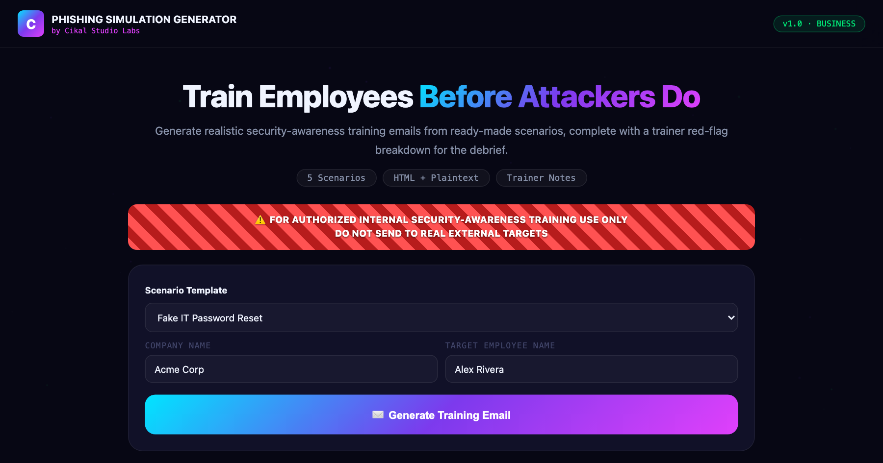 Phishing Simulation Email Generator screenshot