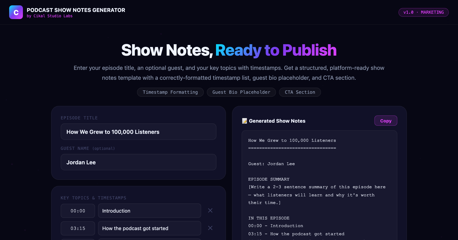 Podcast Show Notes Generator β live screenshot of the tool