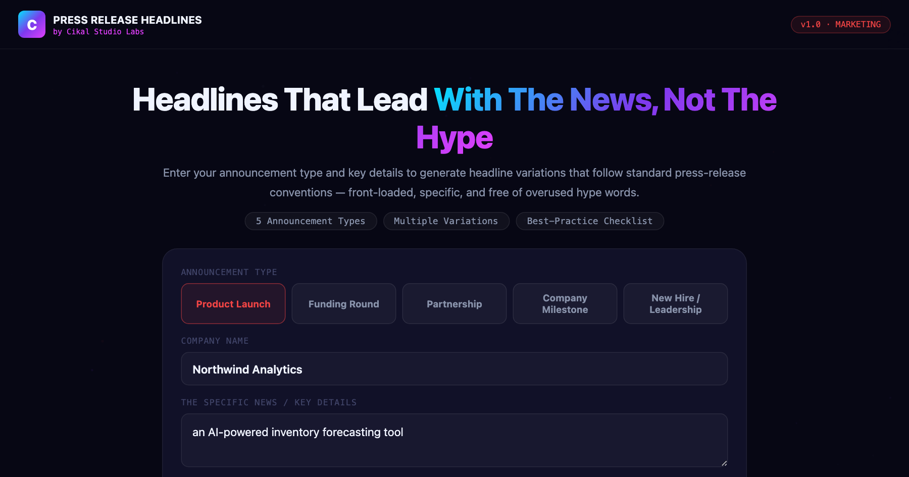 Press Release Headline Generator β live screenshot of the tool