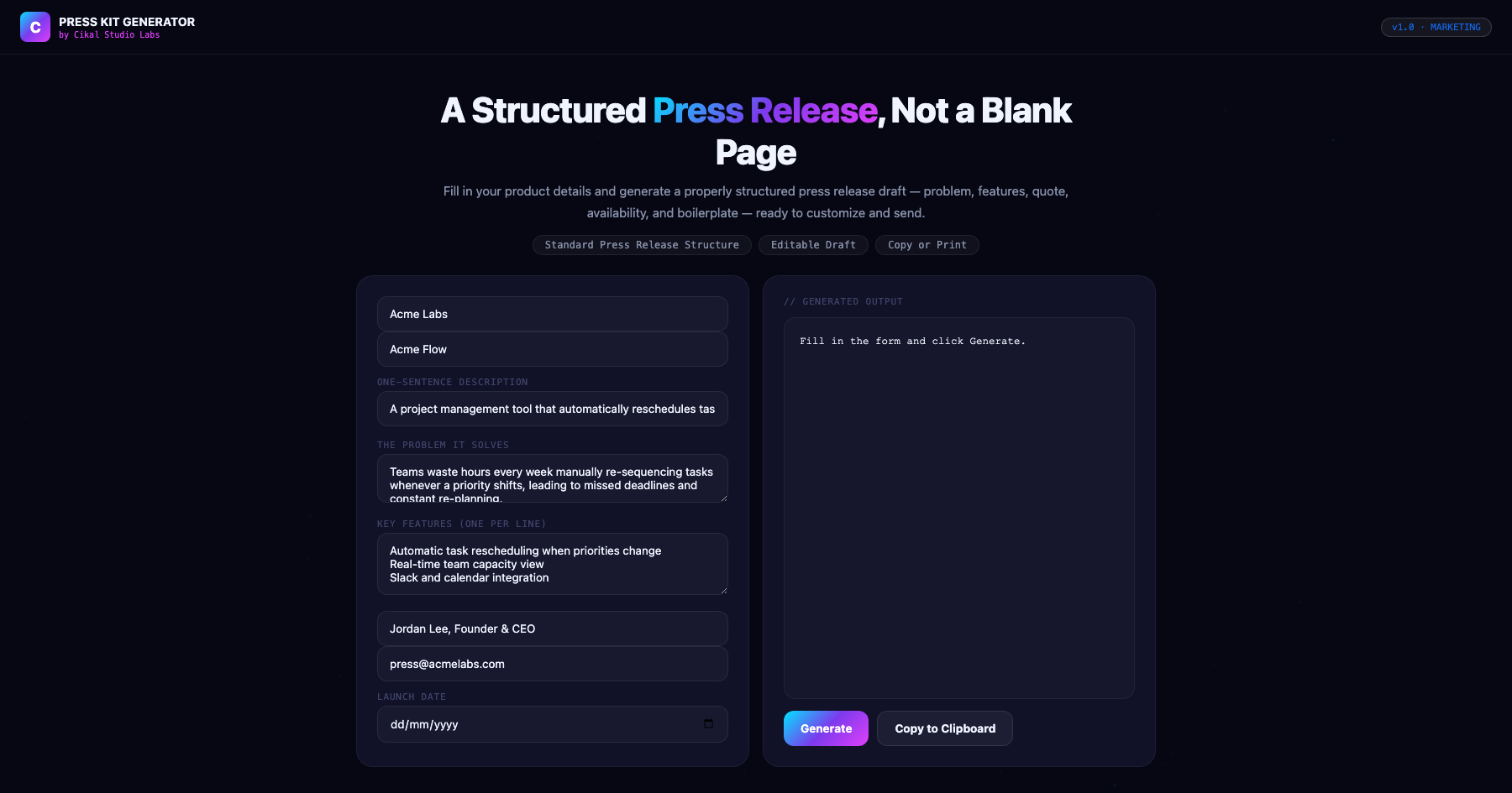 Product Launch Press Kit Generator screenshot