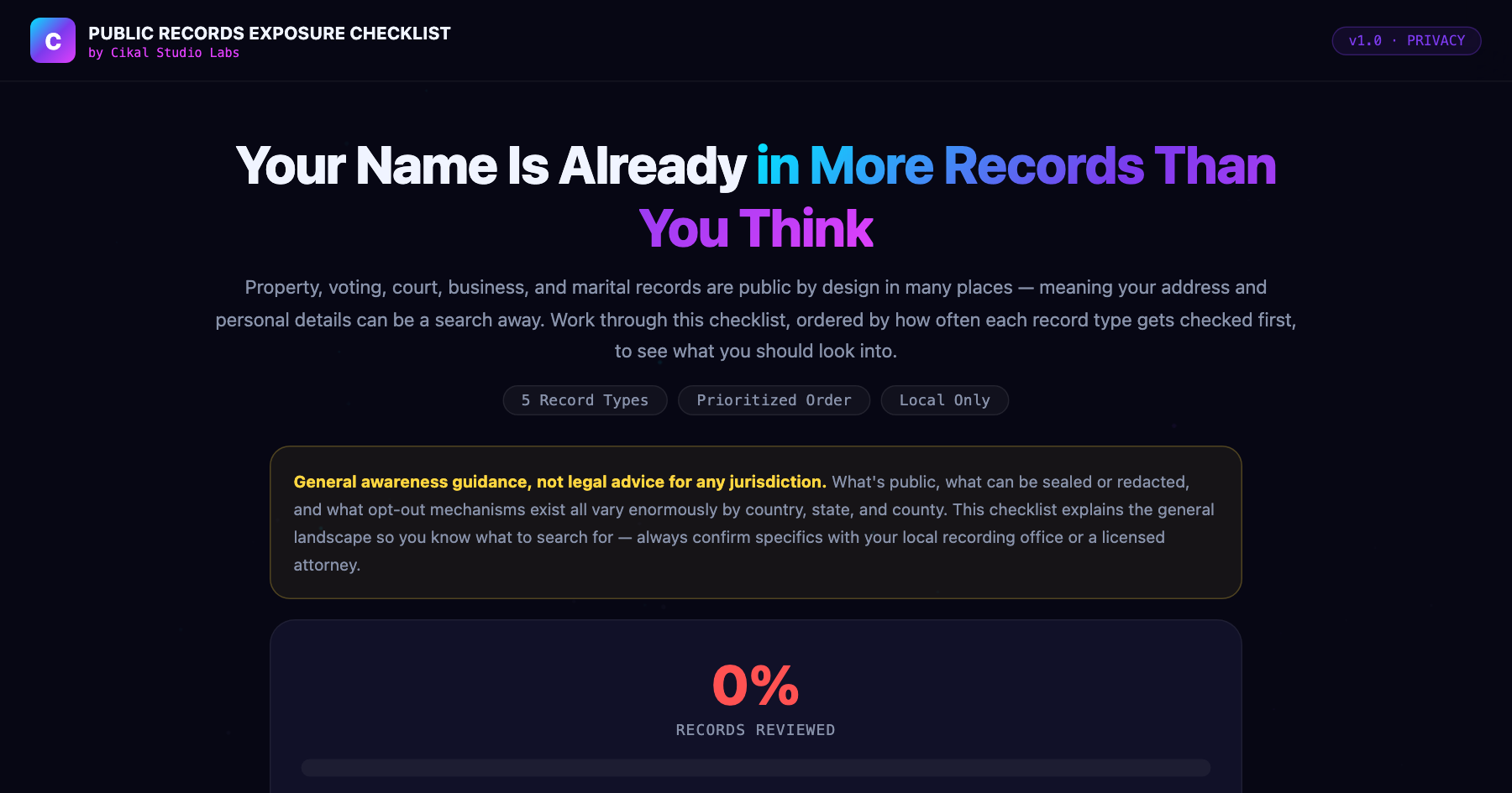 Public Records Exposure Checklist β live screenshot of the tool