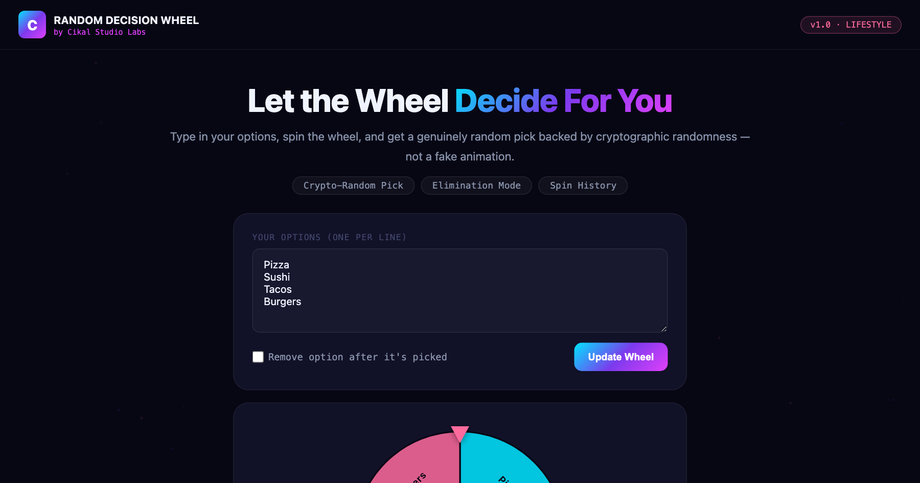 Random Decision Wheel β live screenshot of the tool