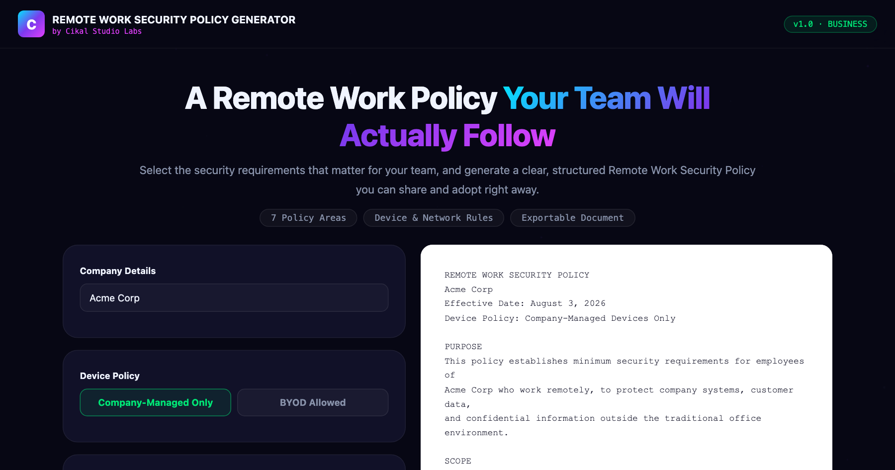 Remote Work Security Policy Generator — live screenshot of the tool
