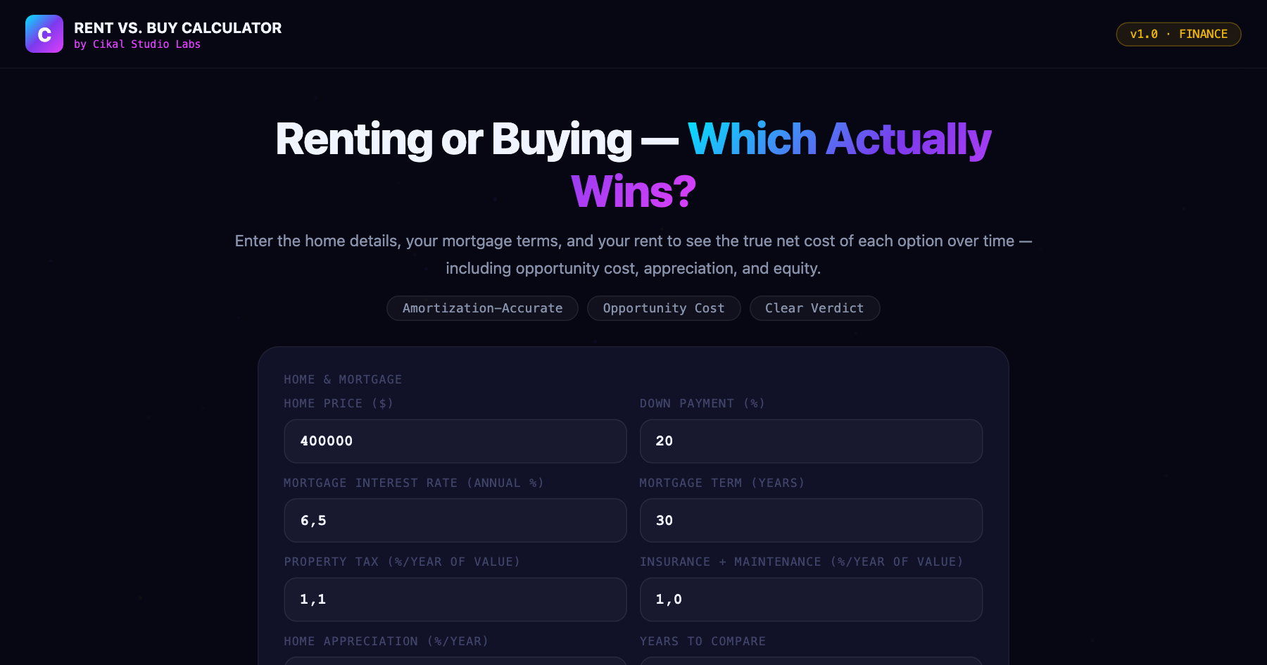 Rent vs. Buy Calculator screenshot