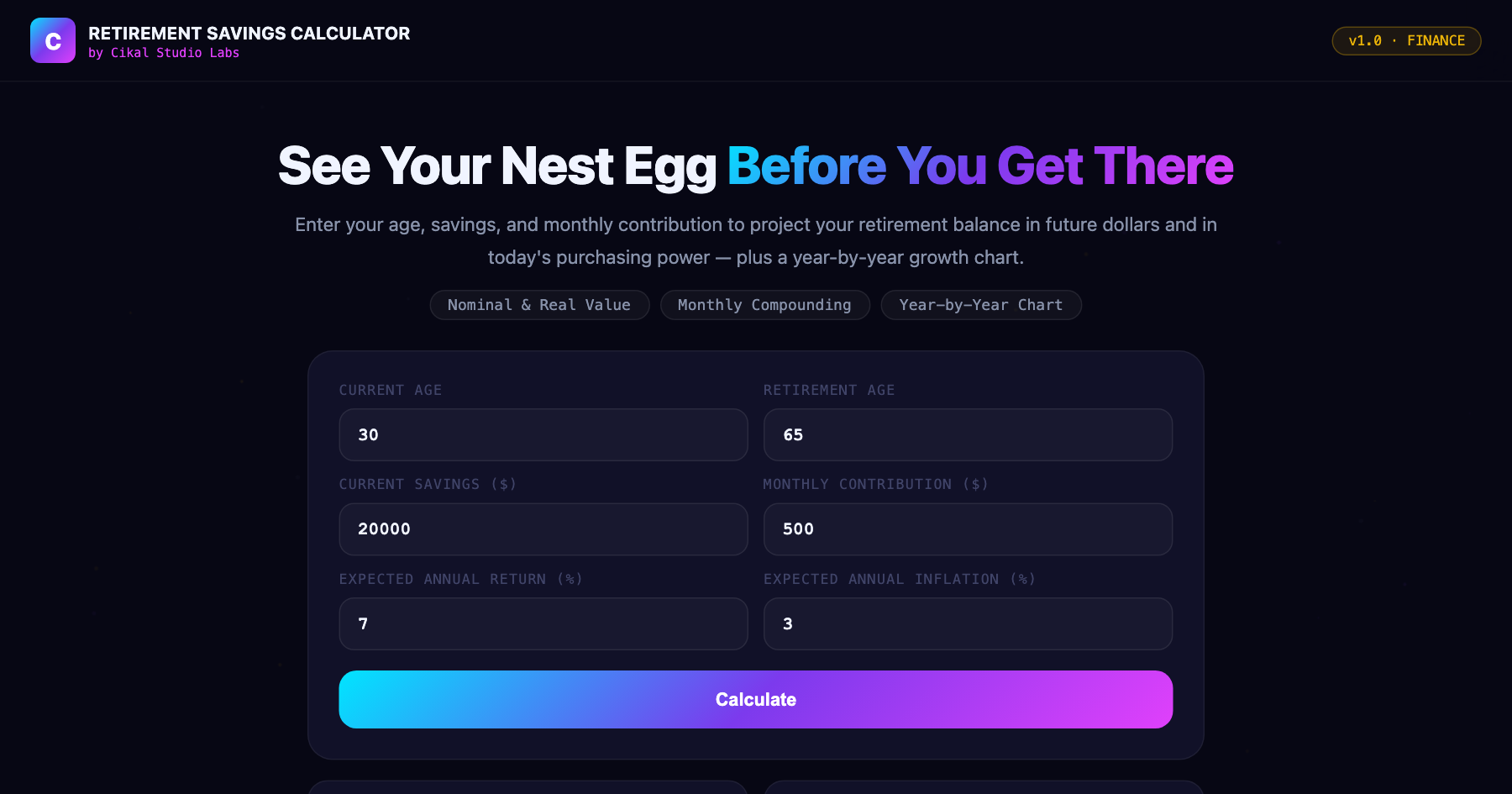 Retirement Savings Calculator screenshot