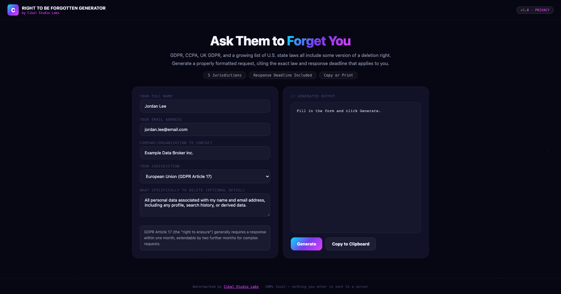 Right to Be Forgotten Request Generator screenshot