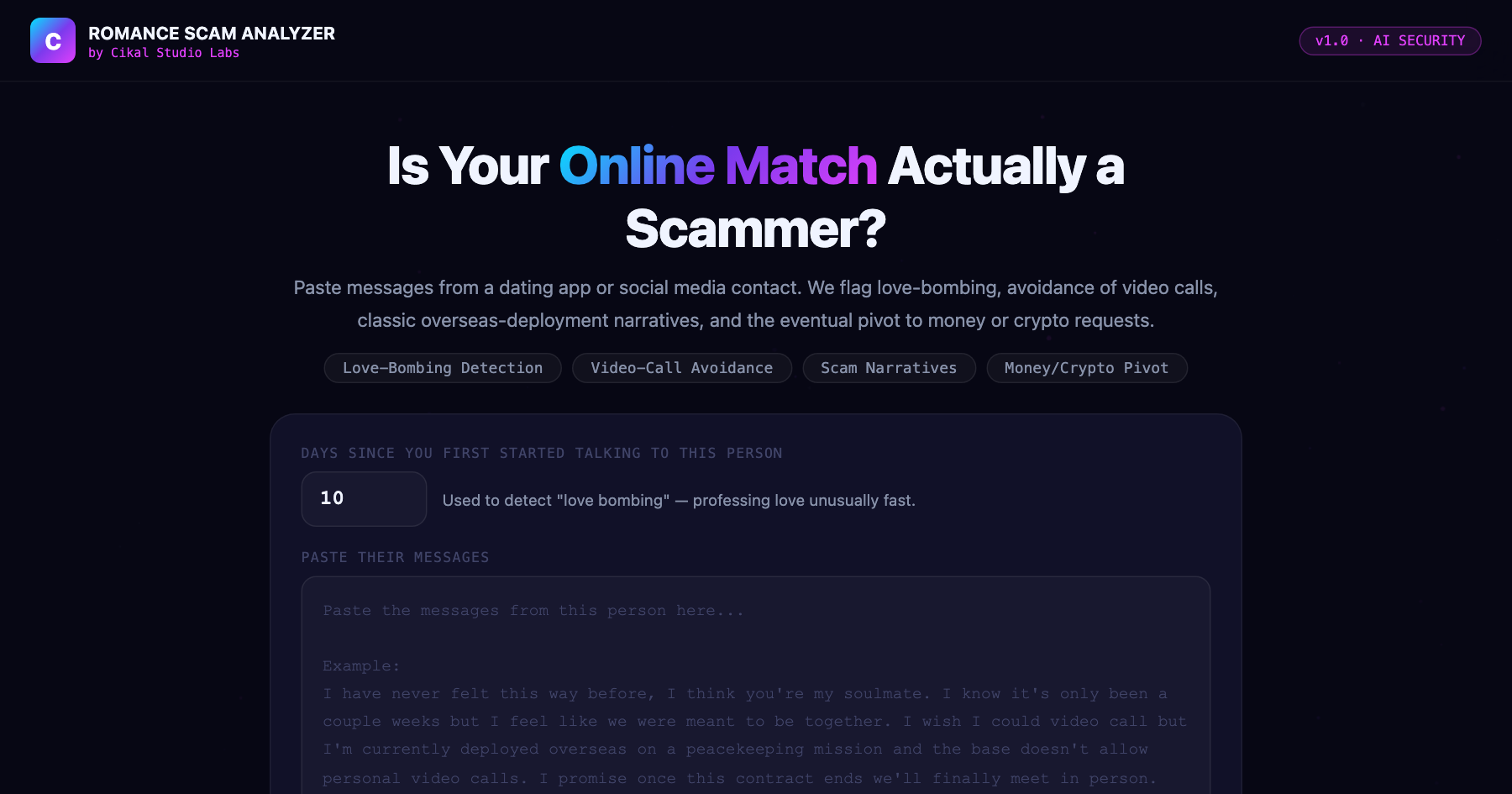 Romance Scam Message Analyzer screenshot