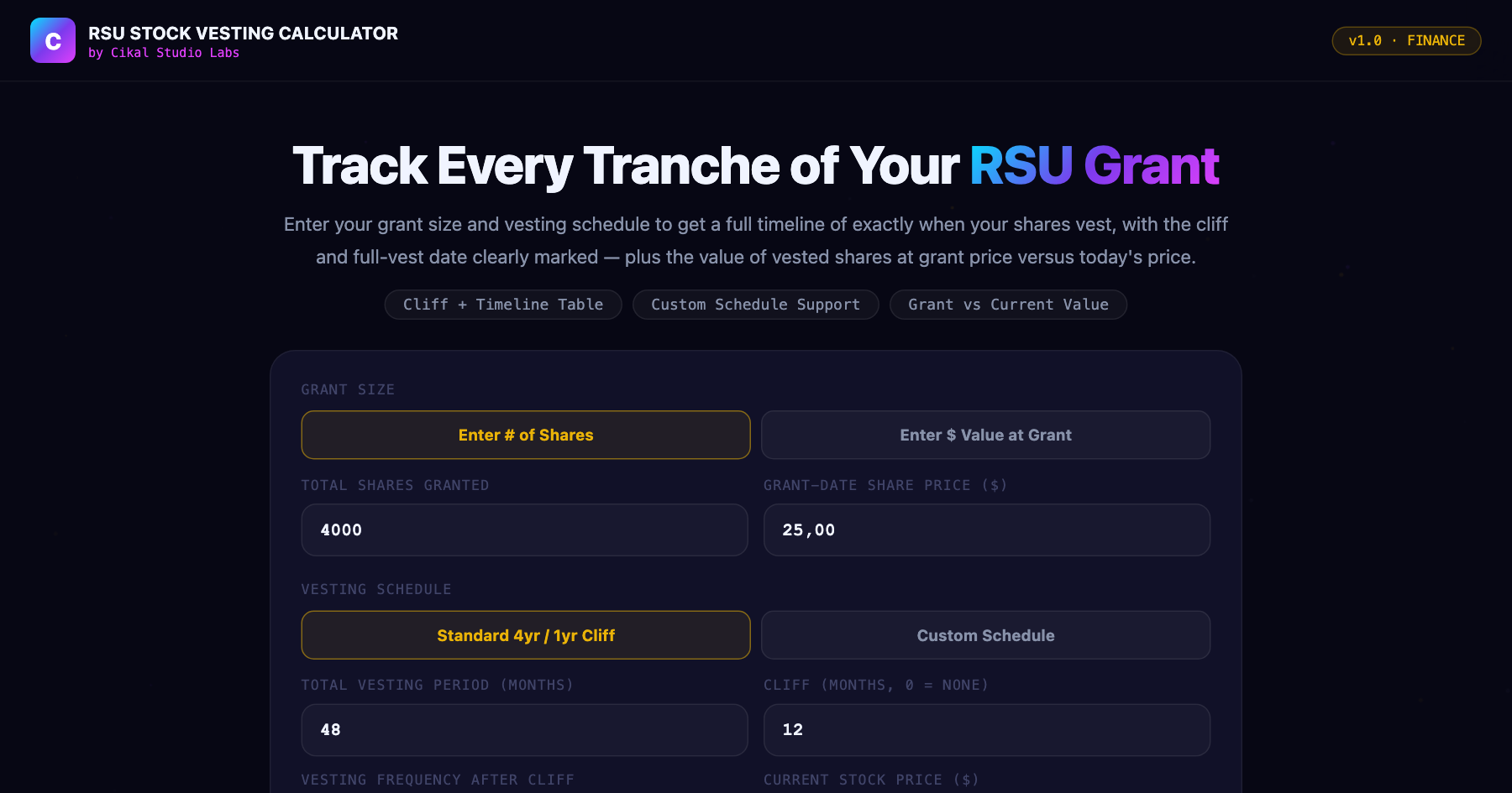 RSU Stock Vesting Calculator — live screenshot of the tool