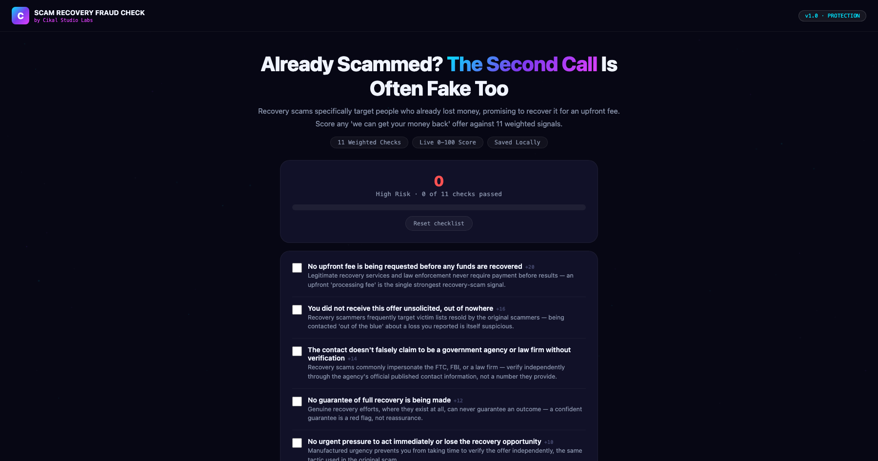 Scam Recovery Fraud Checklist screenshot