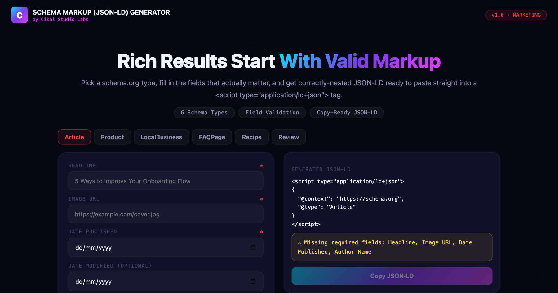 Schema Markup (JSON-LD) Generator screenshot
