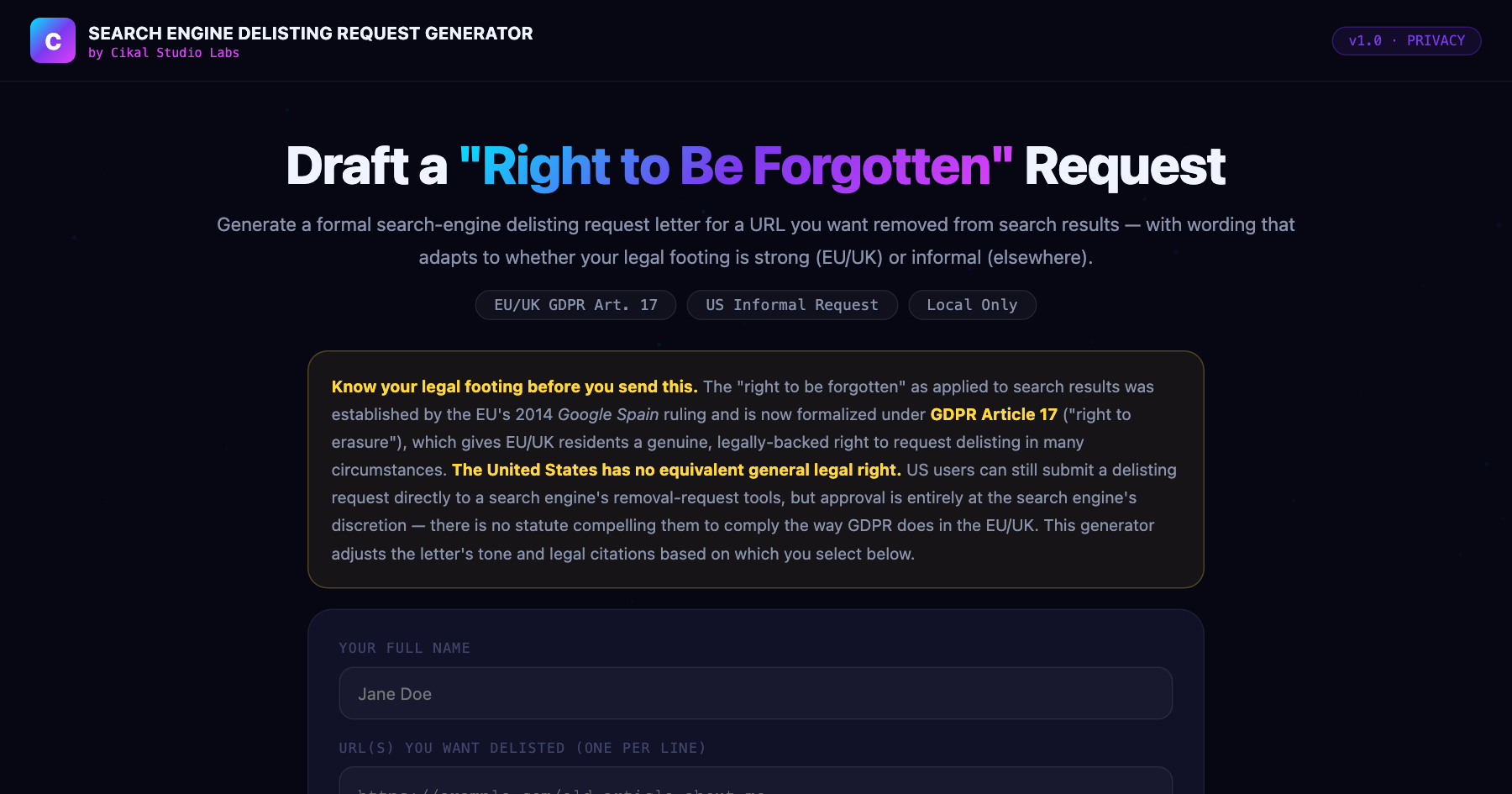 Search Engine Delisting Request Generator β live screenshot of the tool
