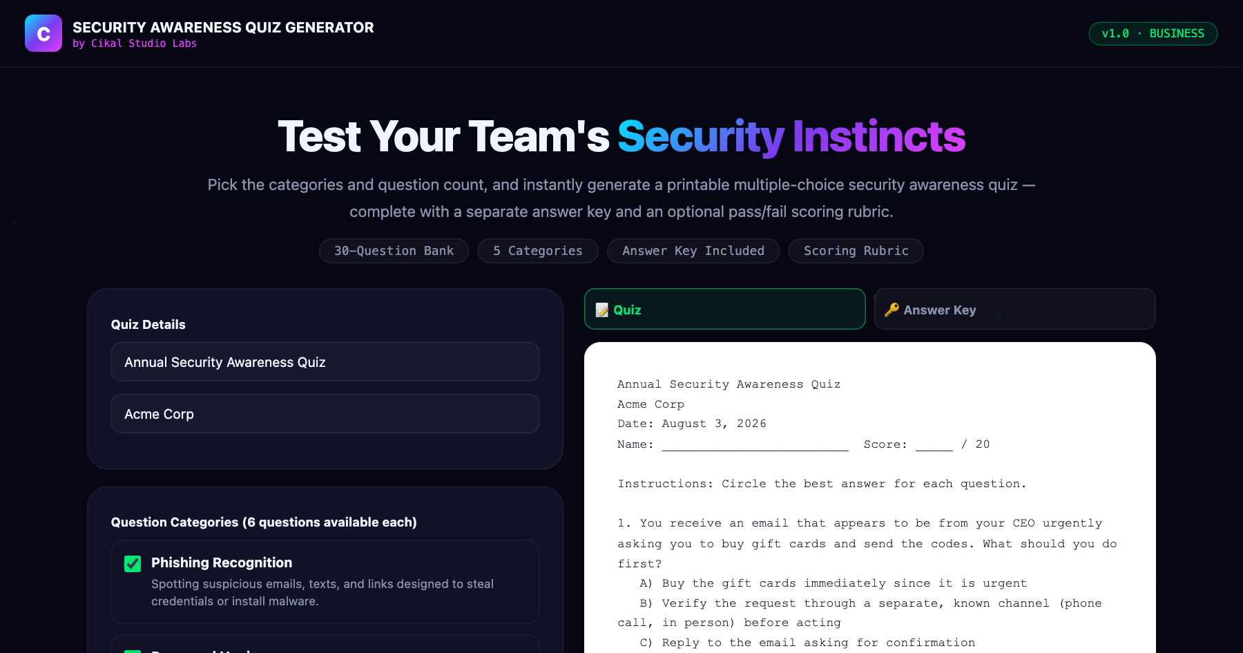 Security Awareness Quiz Generator — live screenshot of the tool