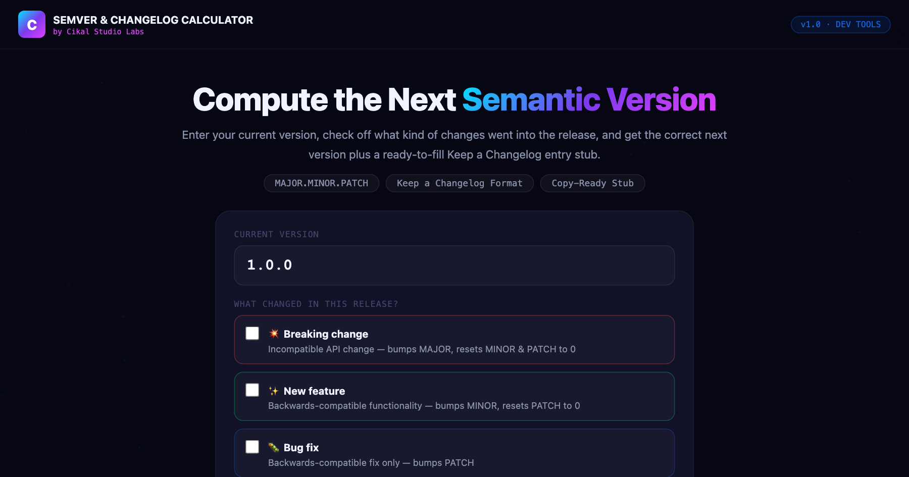 SemVer & Changelog Calculator screenshot