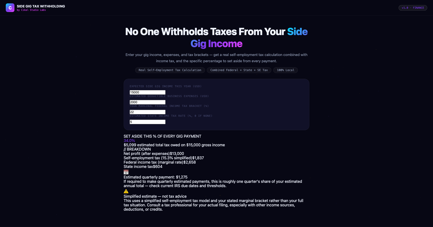 Side Gig Tax Withholding Calculator screenshot