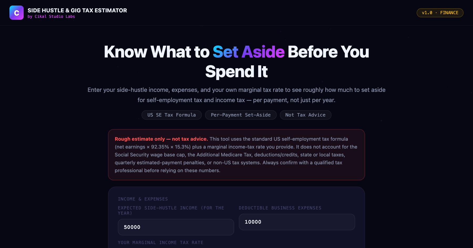 Side Hustle & Gig Tax Estimator β live screenshot of the tool