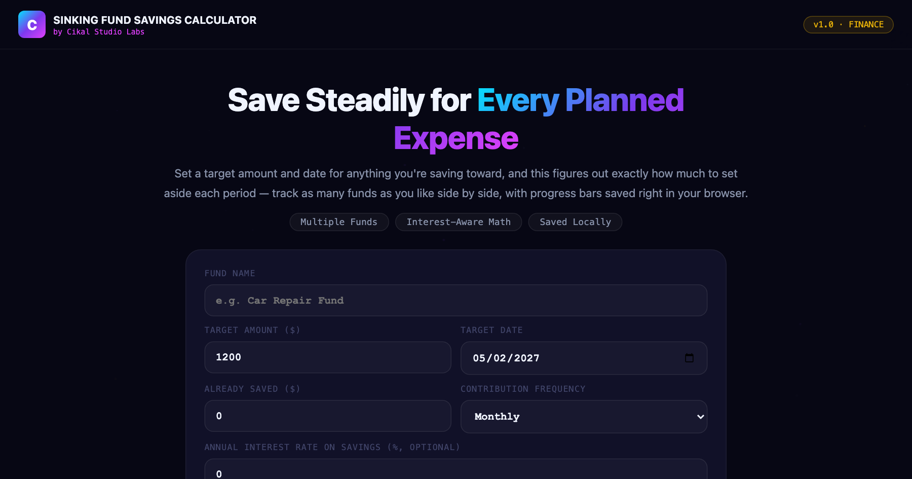 Sinking Fund Savings Calculator screenshot