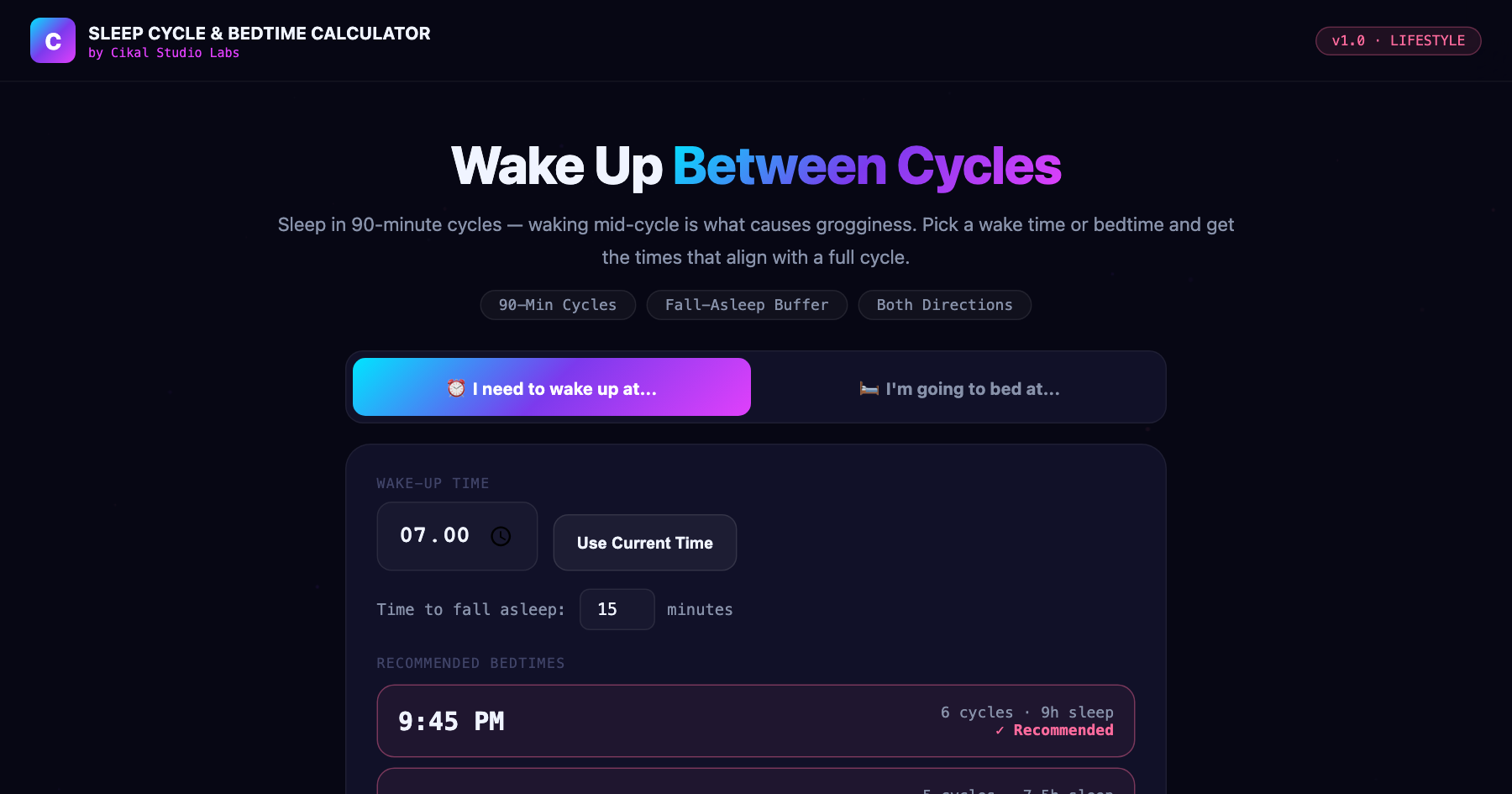 Sleep Cycle & Bedtime Calculator screenshot