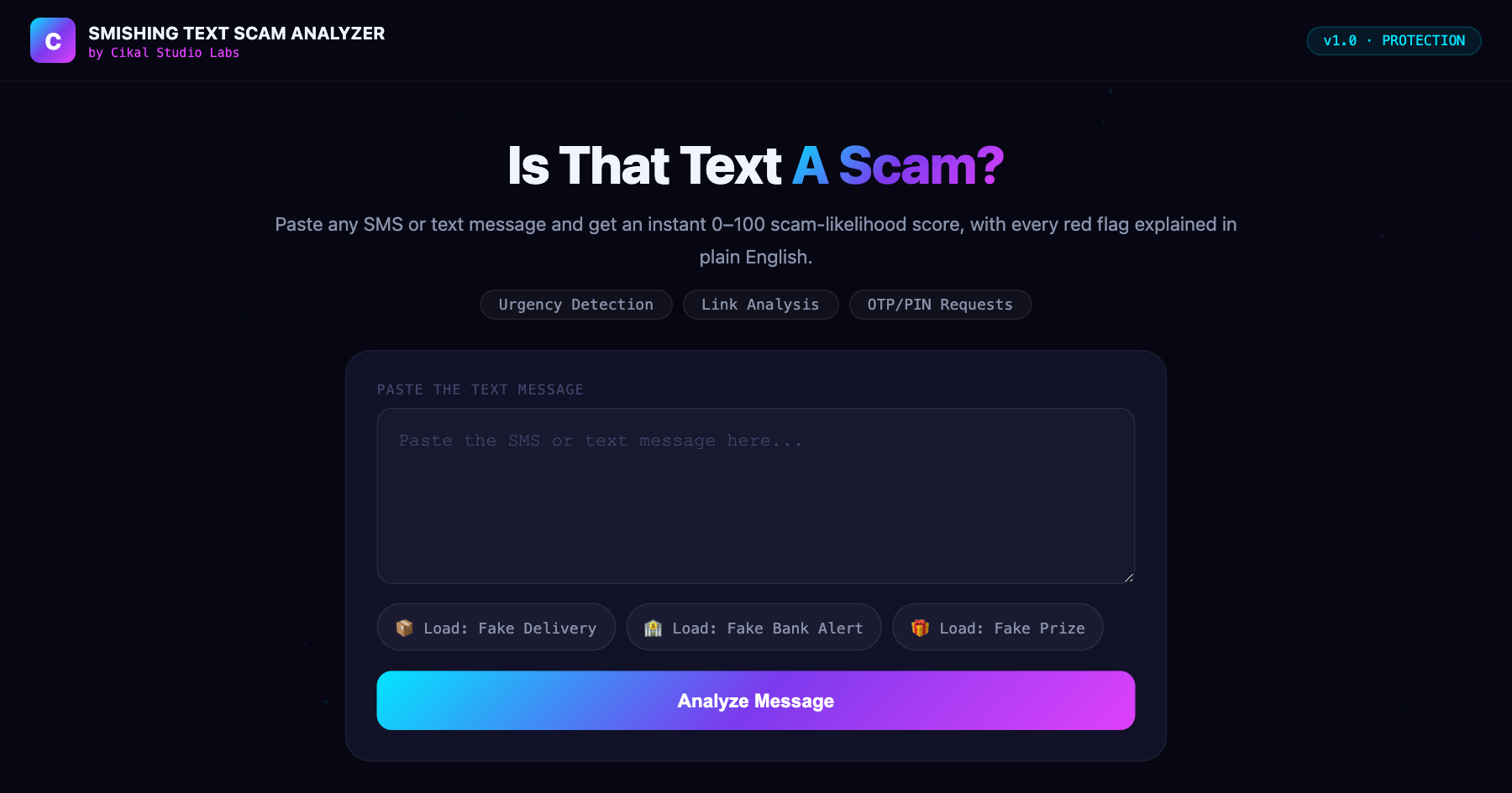 SMS/Text Phishing (Smishing) Analyzer screenshot