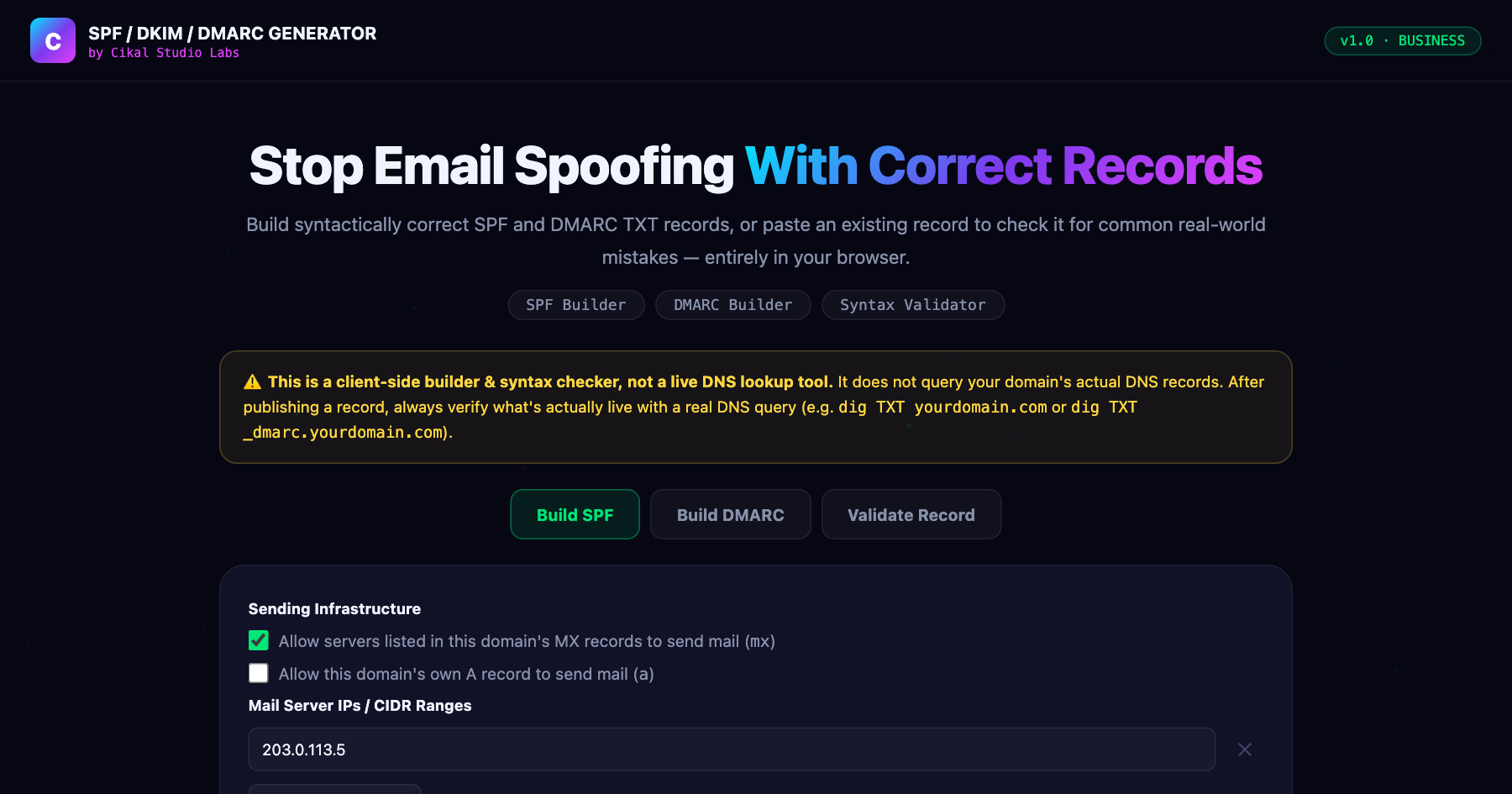 SPF / DKIM / DMARC Record Generator screenshot