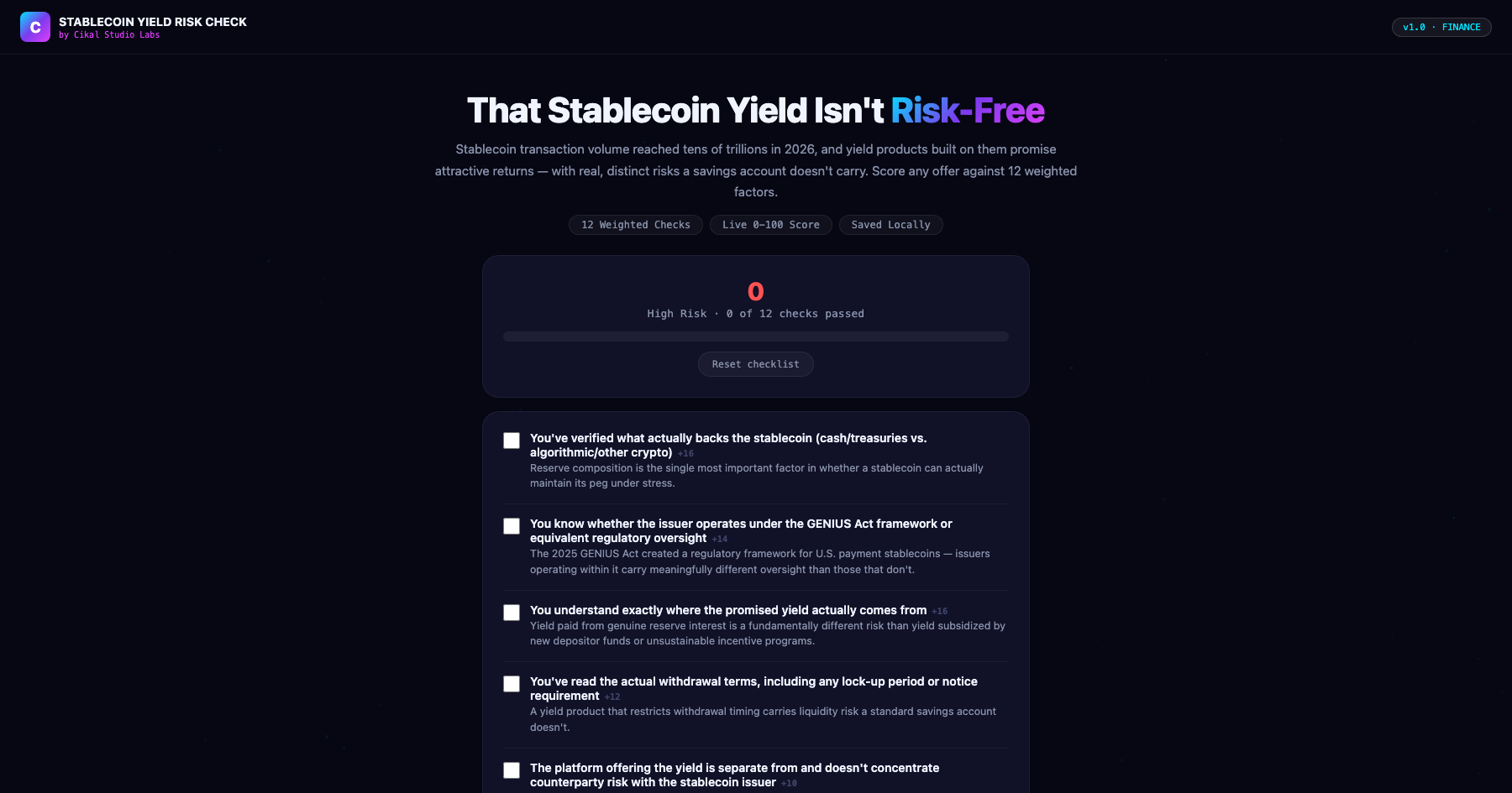 Stablecoin Yield Risk Checklist screenshot