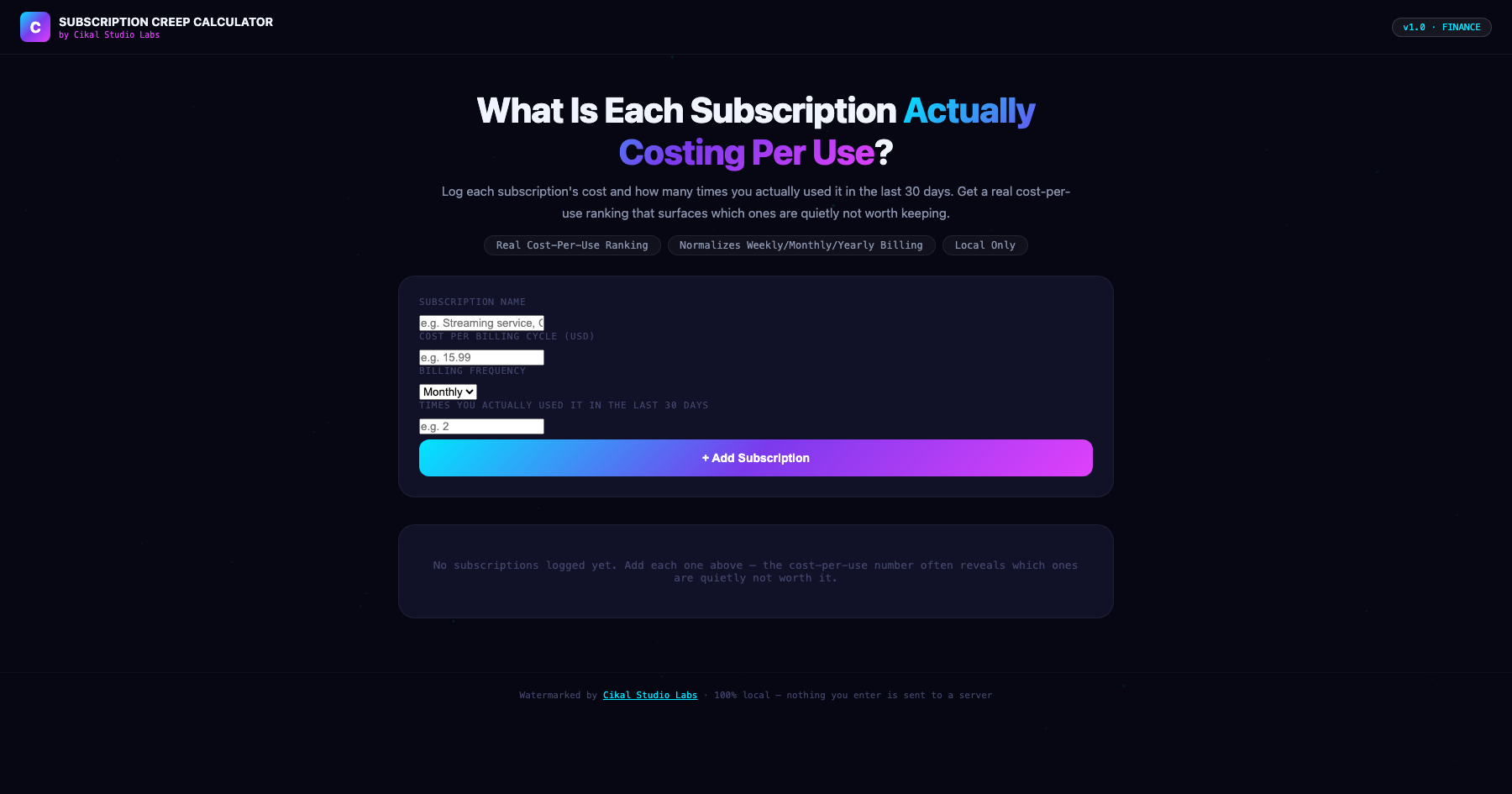 Subscription Creep Calculator screenshot