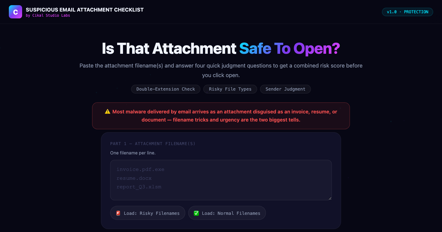 Suspicious Email Attachment Checklist β live screenshot of the tool