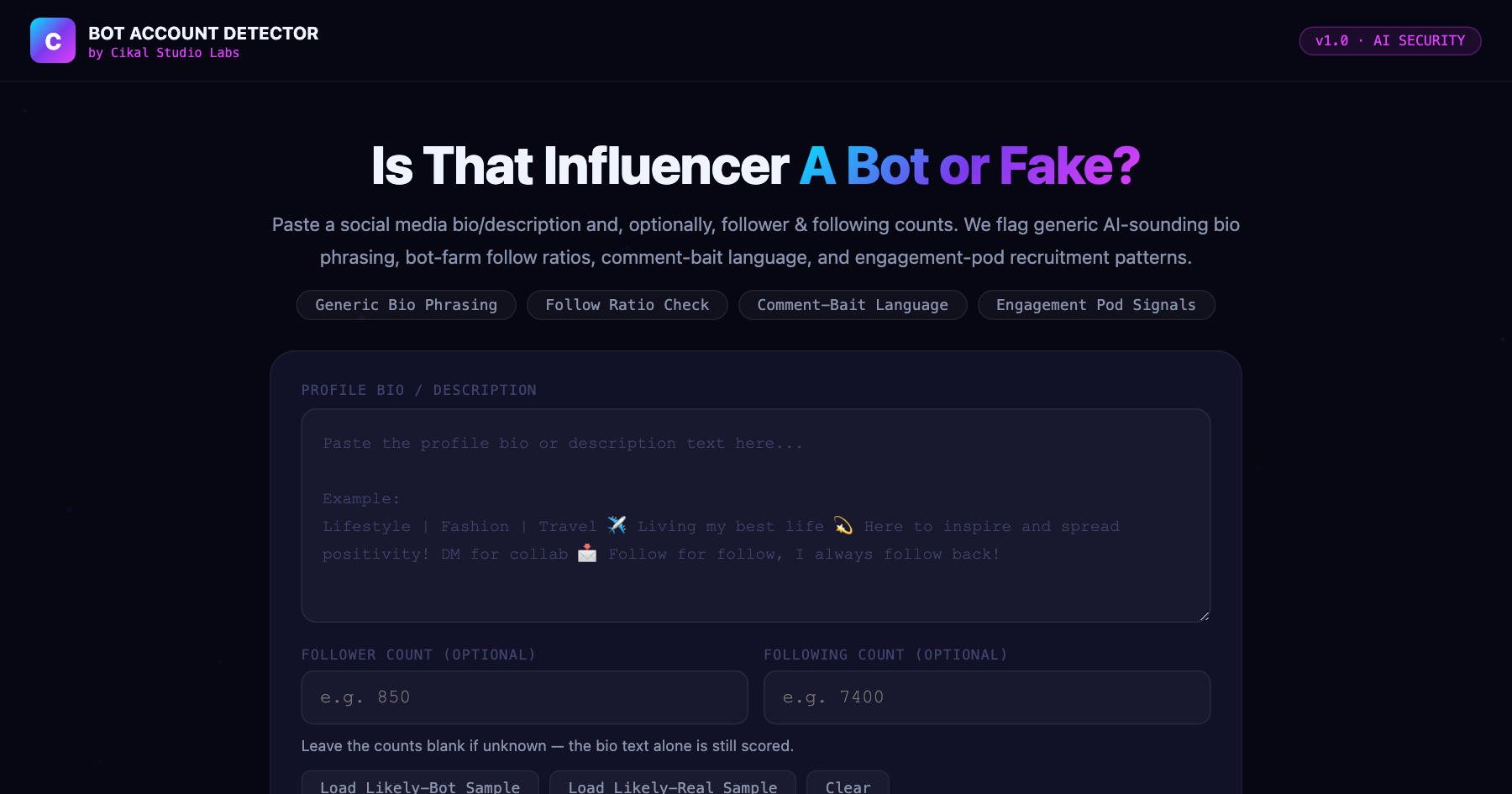 Synthetic Influencer / Bot Account Detector β live screenshot of the tool