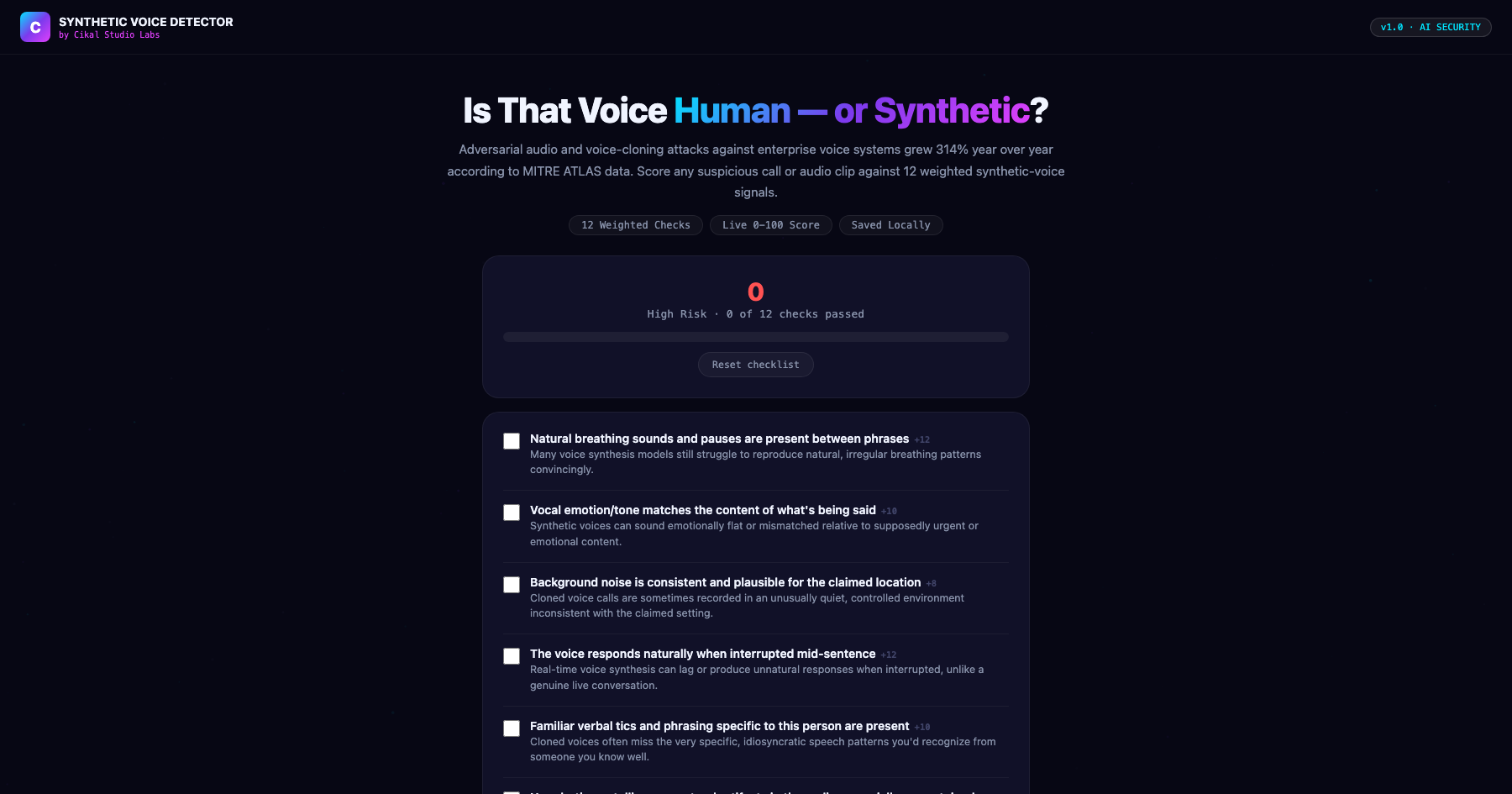 Synthetic Voice Detection Checklist screenshot