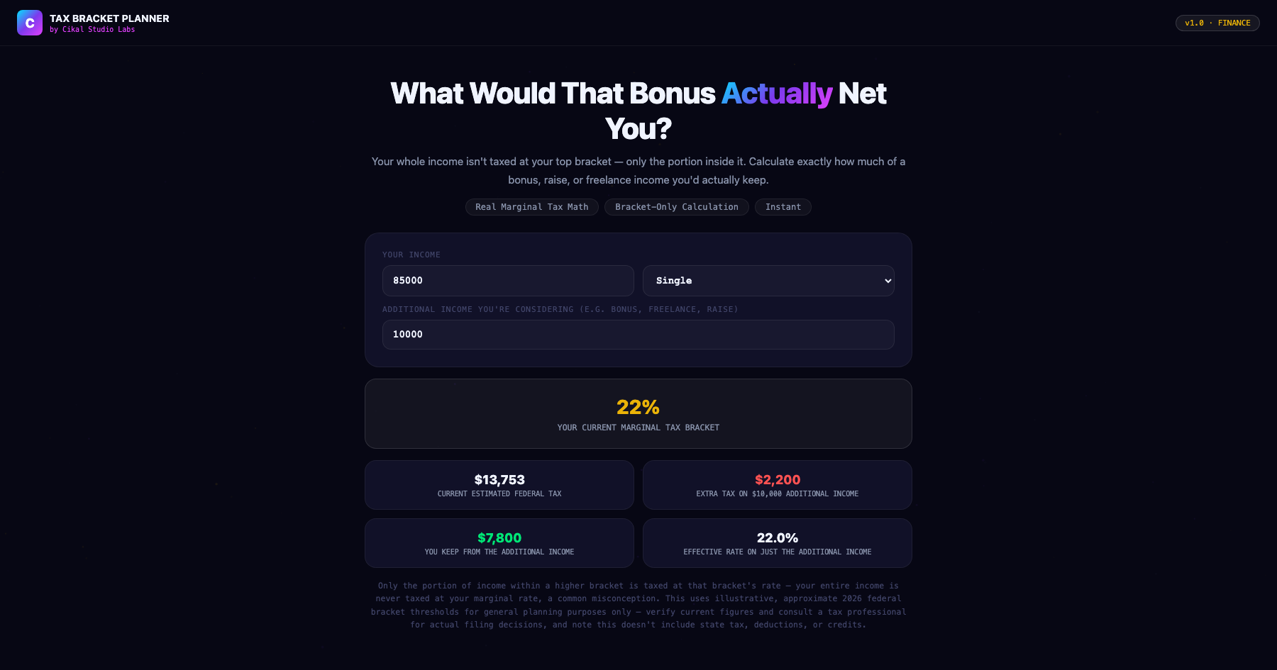 Tax Bracket Planning Calculator screenshot