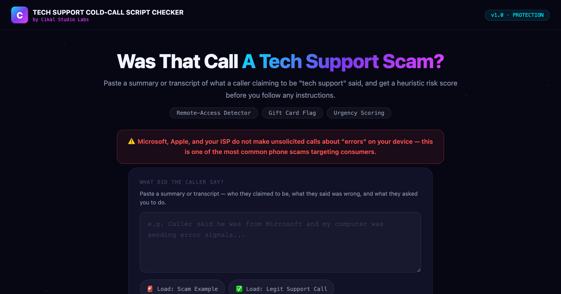 Tech Support Cold-Call Script Checker — live screenshot of the tool