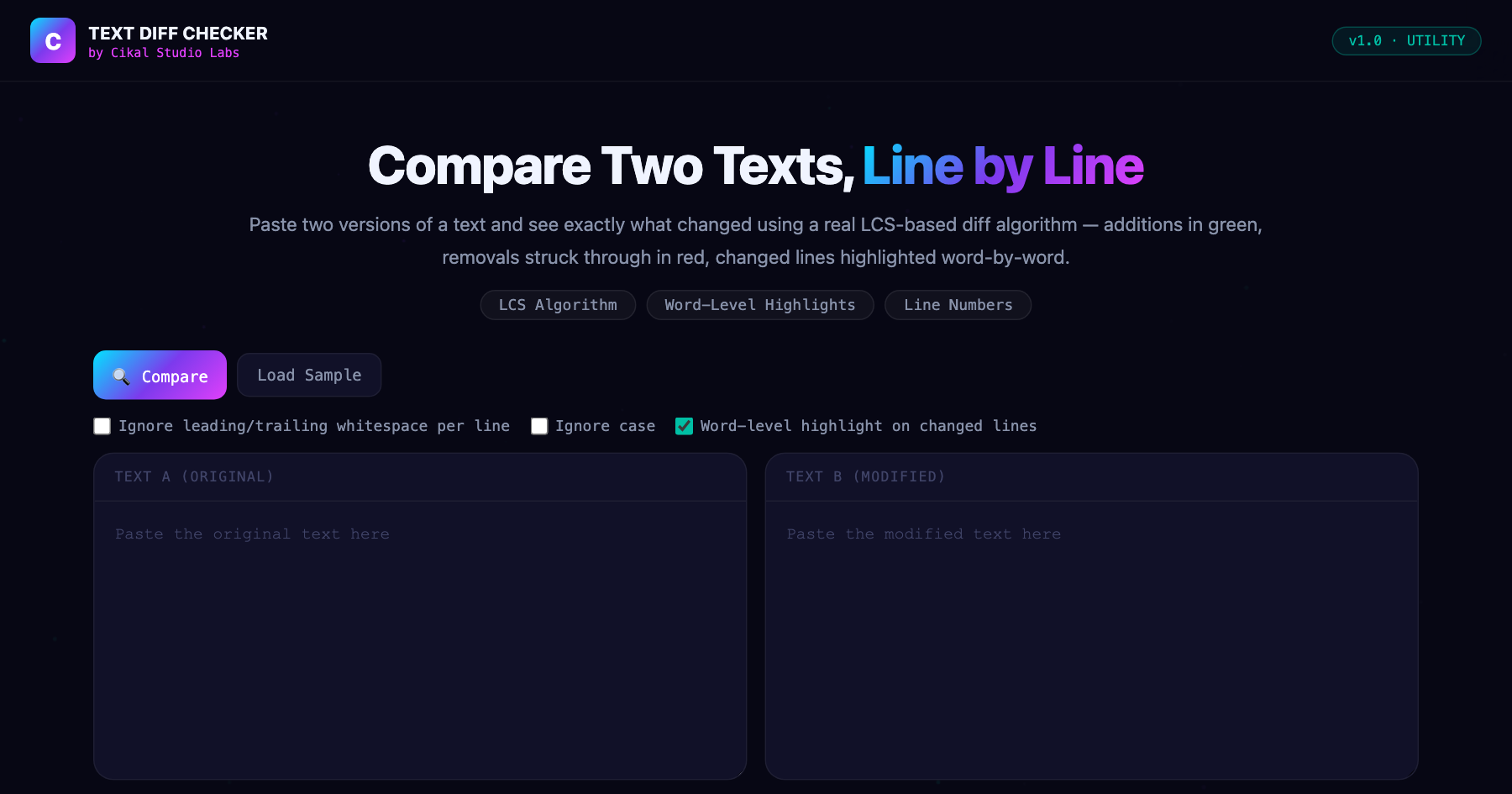 Text Diff Checker — live screenshot of the tool