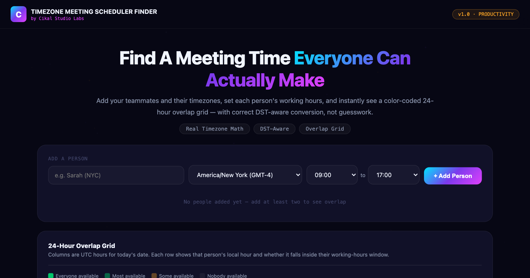 Timezone Meeting Scheduler Finder β live screenshot of the tool