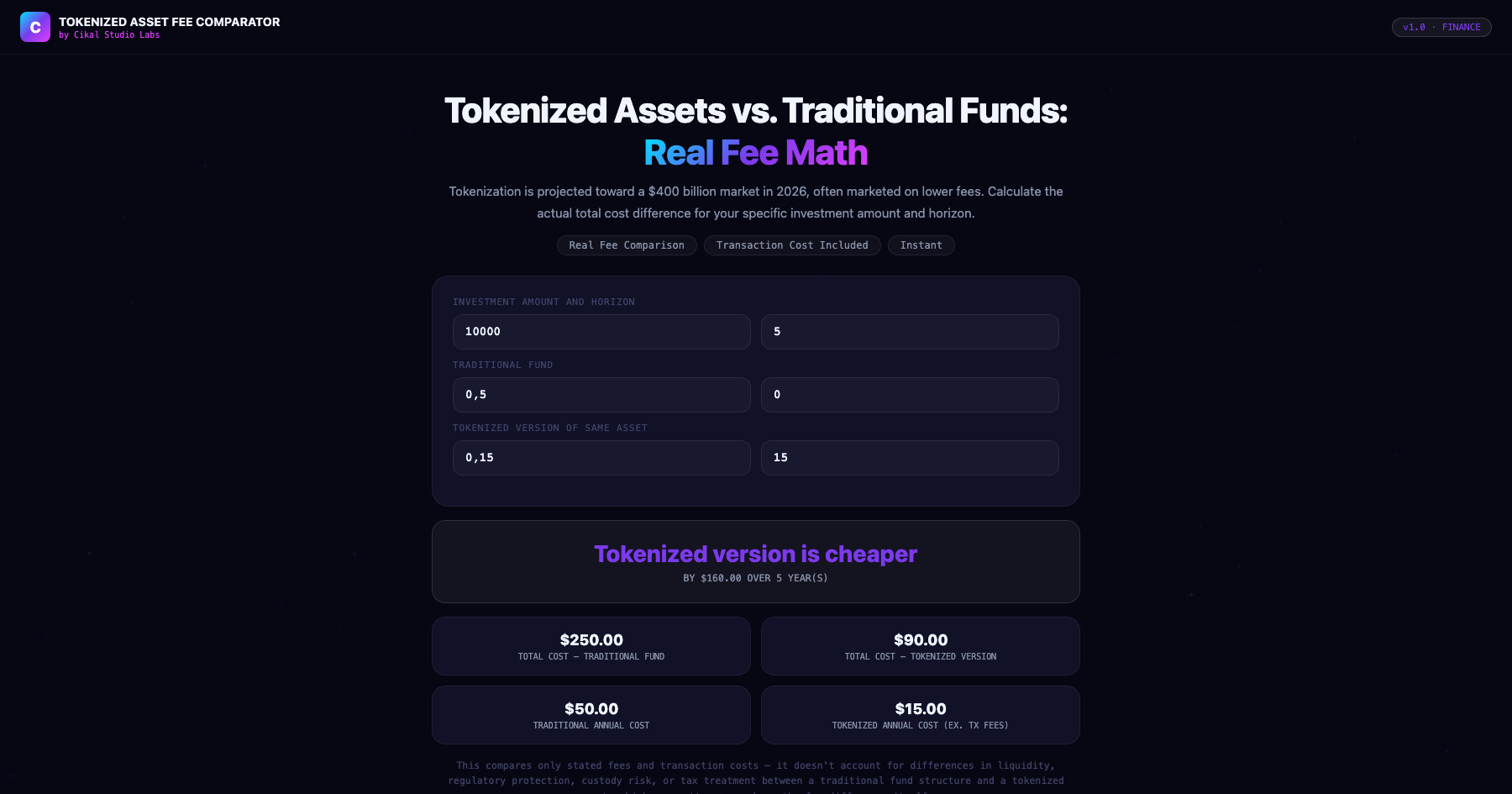 Tokenized Asset Fee Comparator screenshot