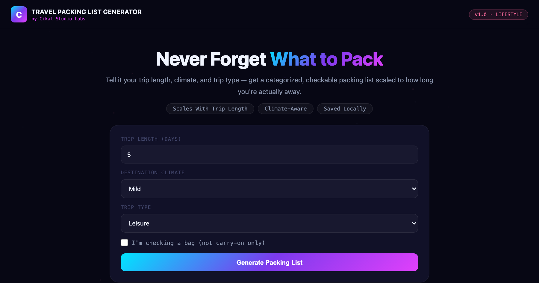 Travel Packing List Generator screenshot