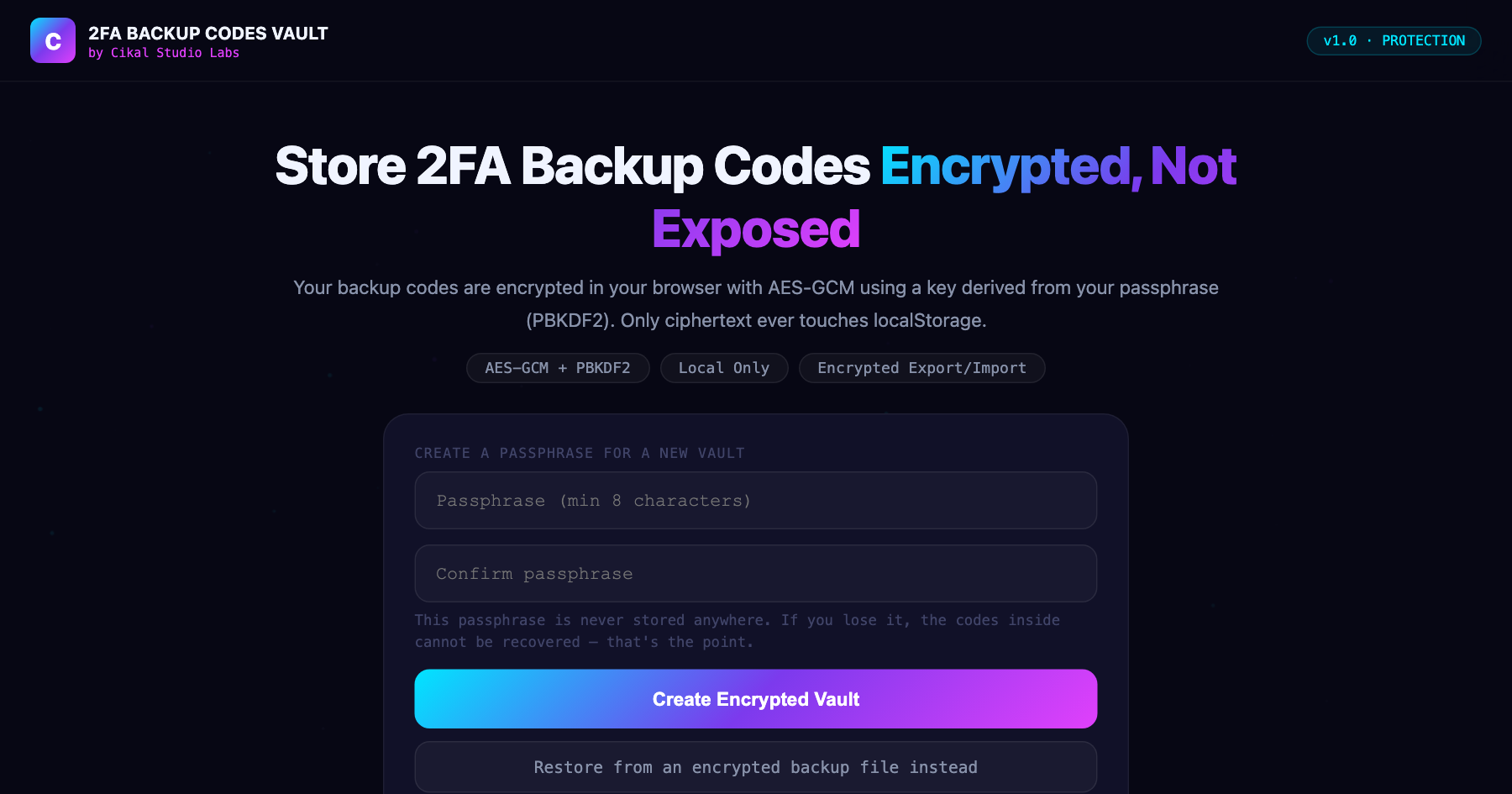 2FA Backup Codes Vault screenshot