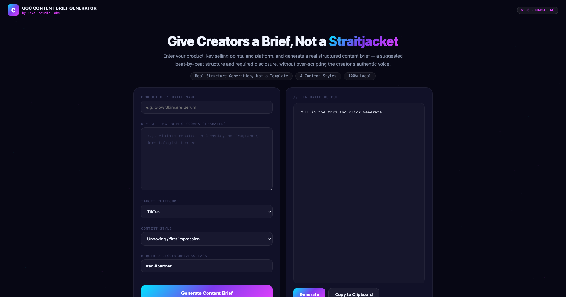 UGC Content Brief Generator screenshot