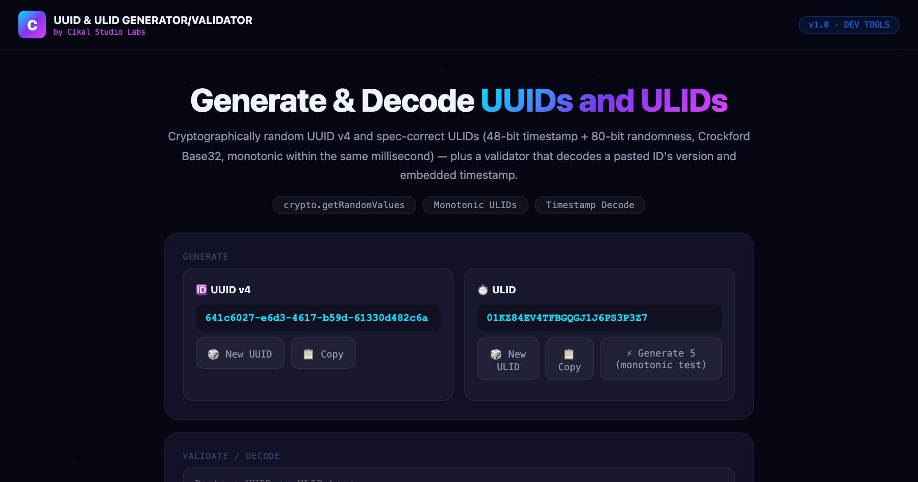 UUID & ULID Generator/Validator β live screenshot of the tool