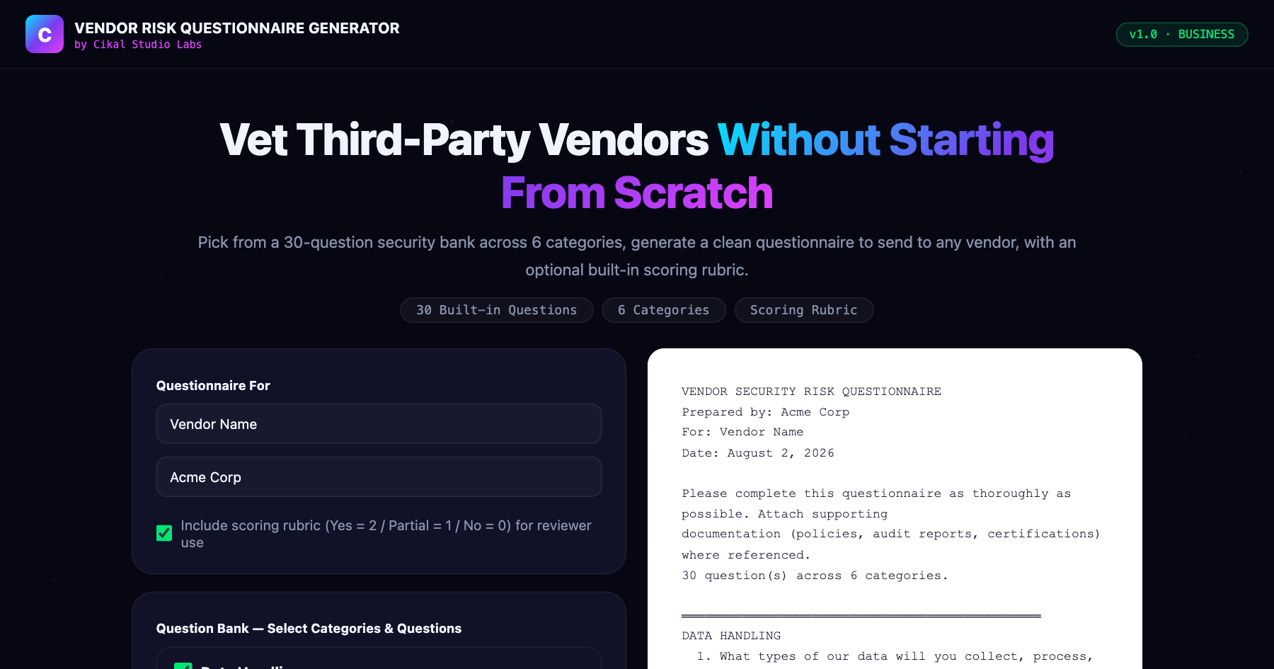 Vendor Security Risk Questionnaire Generator screenshot
