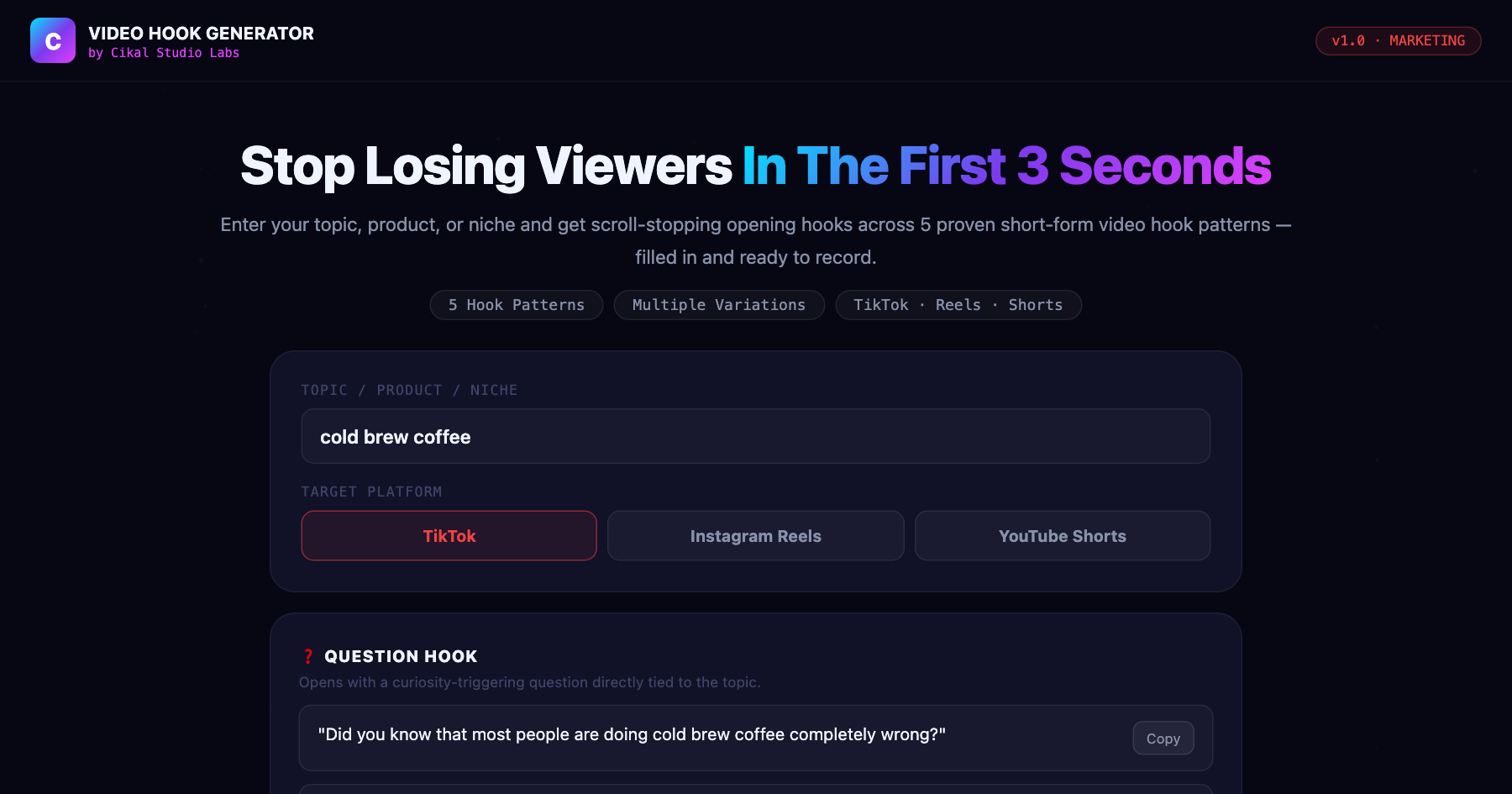 Short-Form Video Hook & Script Generator β live screenshot of the tool