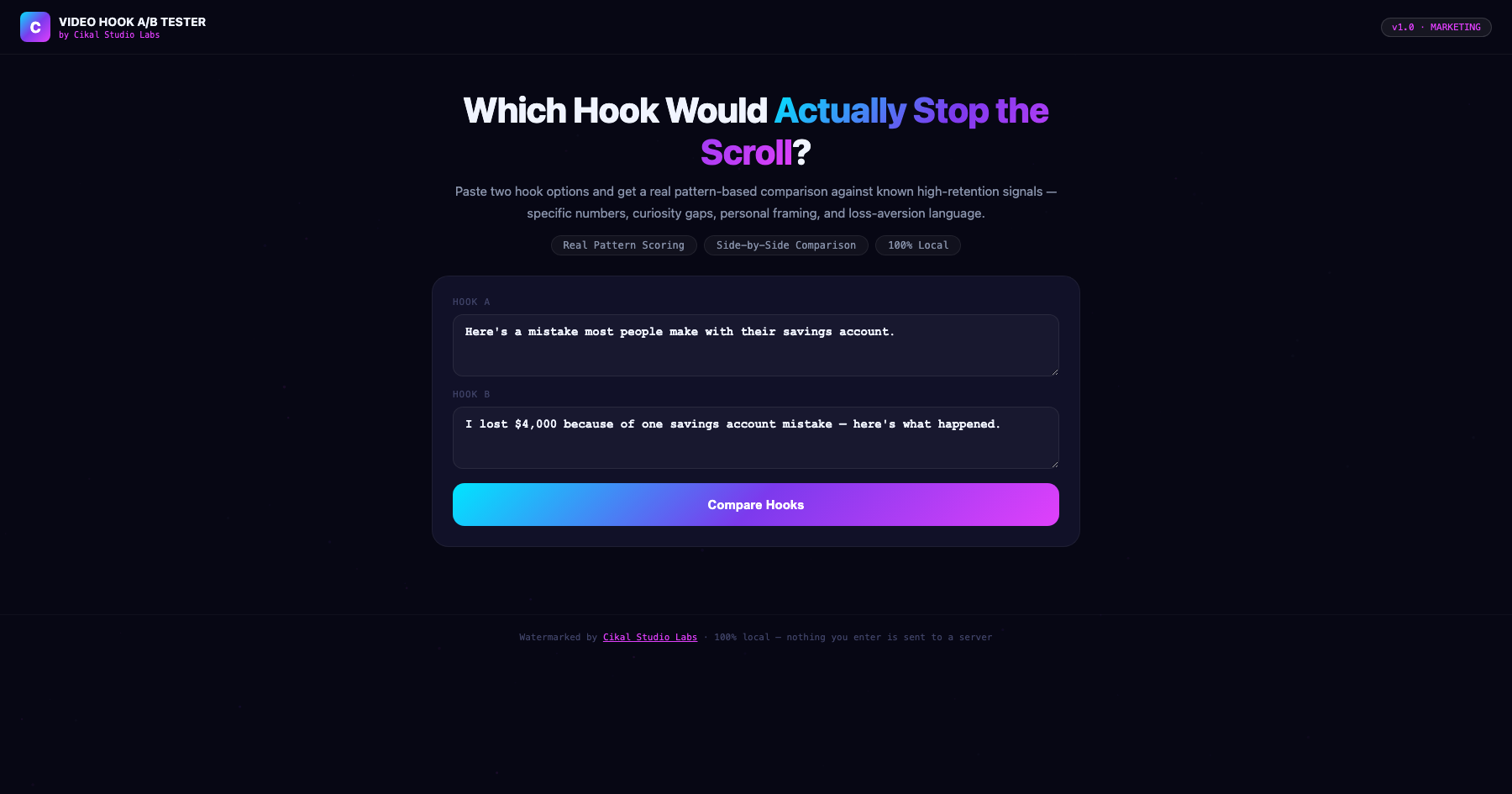 Video Script Hook A/B Tester screenshot