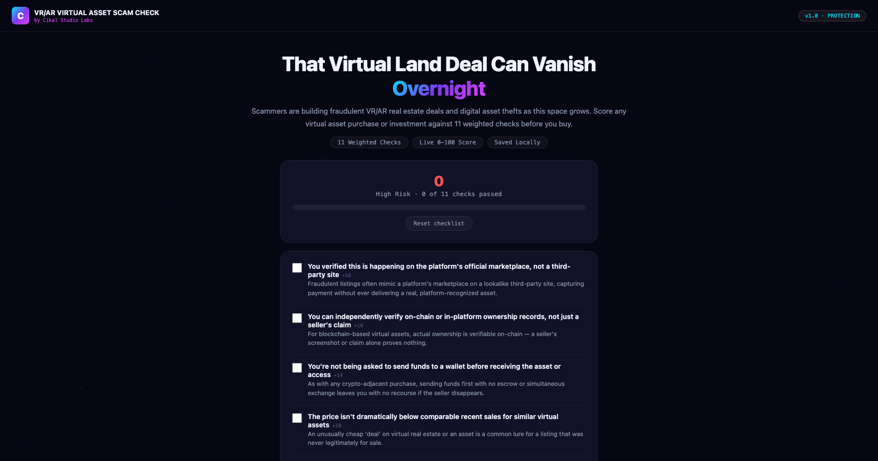 Virtual Asset (VR/AR) Scam Checklist screenshot