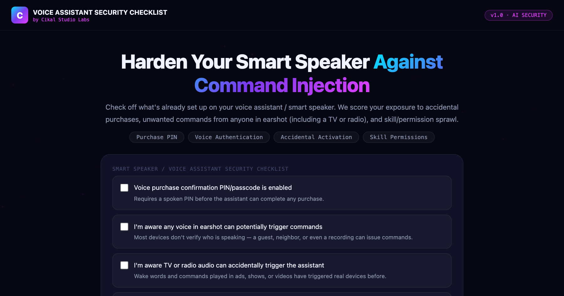 Voice Assistant Command Injection Checklist β live screenshot of the tool