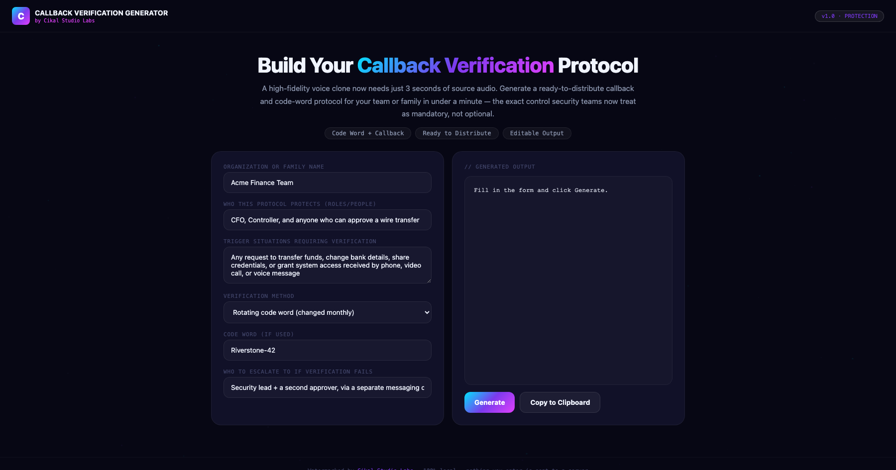 Voice Clone Callback Verification Generator screenshot