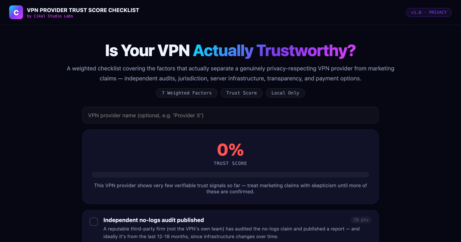 VPN Provider Trust Score Checklist β live screenshot of the tool