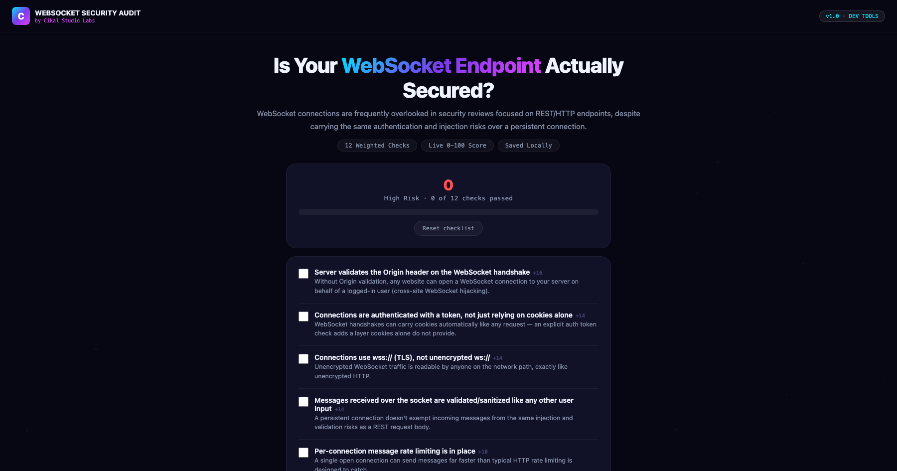 WebSocket Security Checklist screenshot